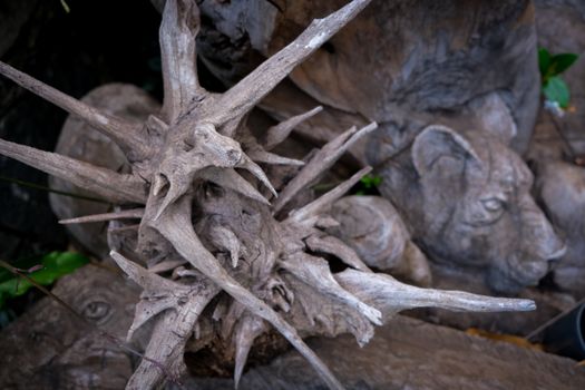 Close-up of detailed wooden carvings intertwined with natural tree roots.