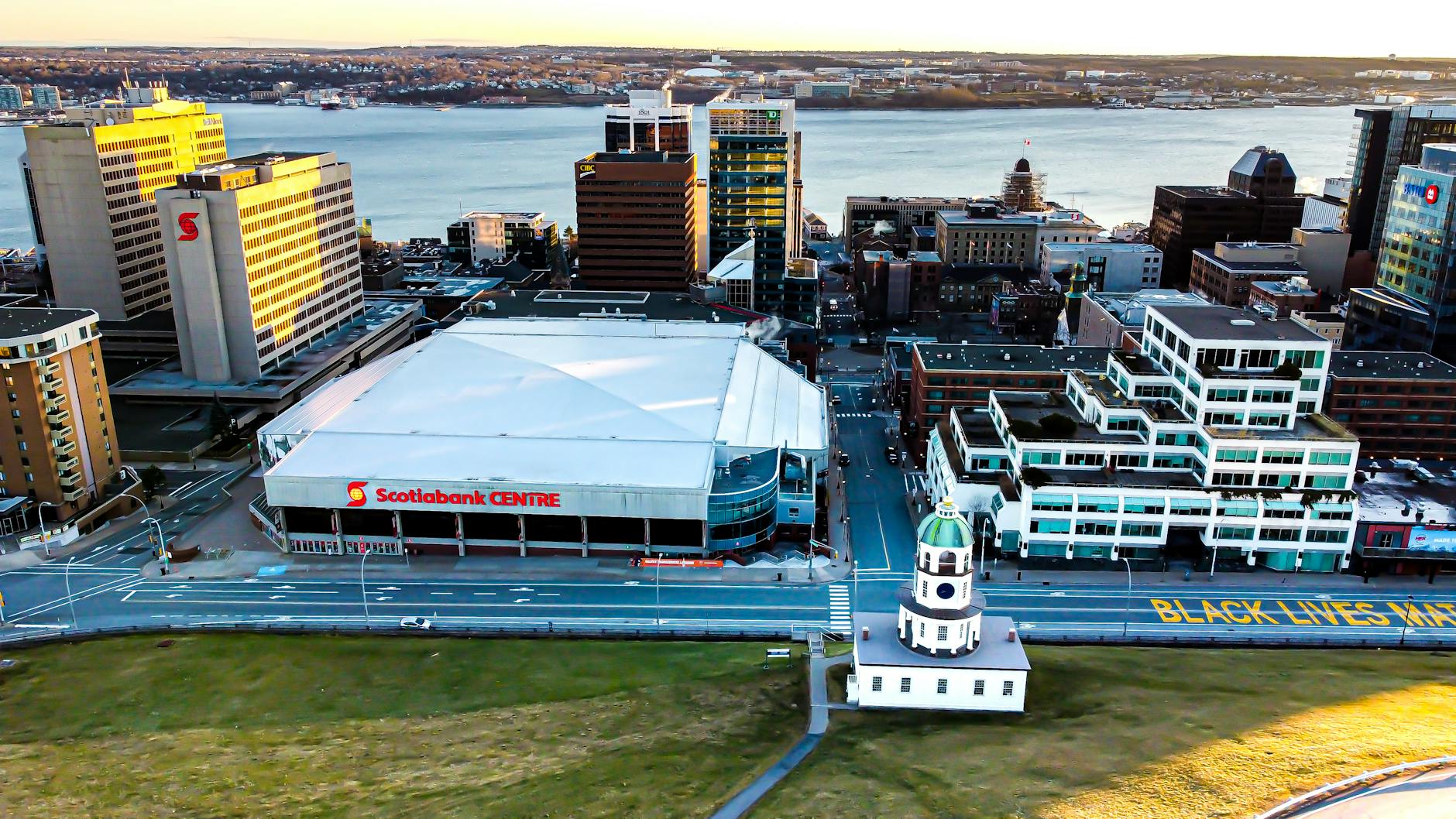 Aerial shot of downtown Halifax featuring the Scotiabank Centre and waterfront.