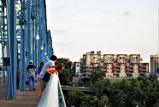 日落时分，人们在桥上欣赏城市景观