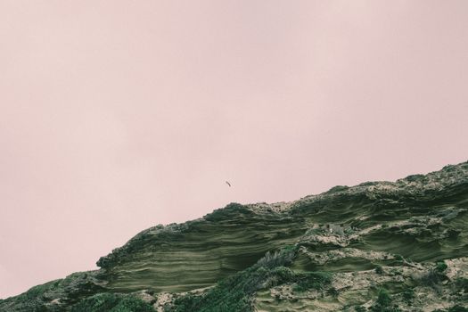 A captivating view of a weathered rock ridge with a distant bird under an overcast sky.