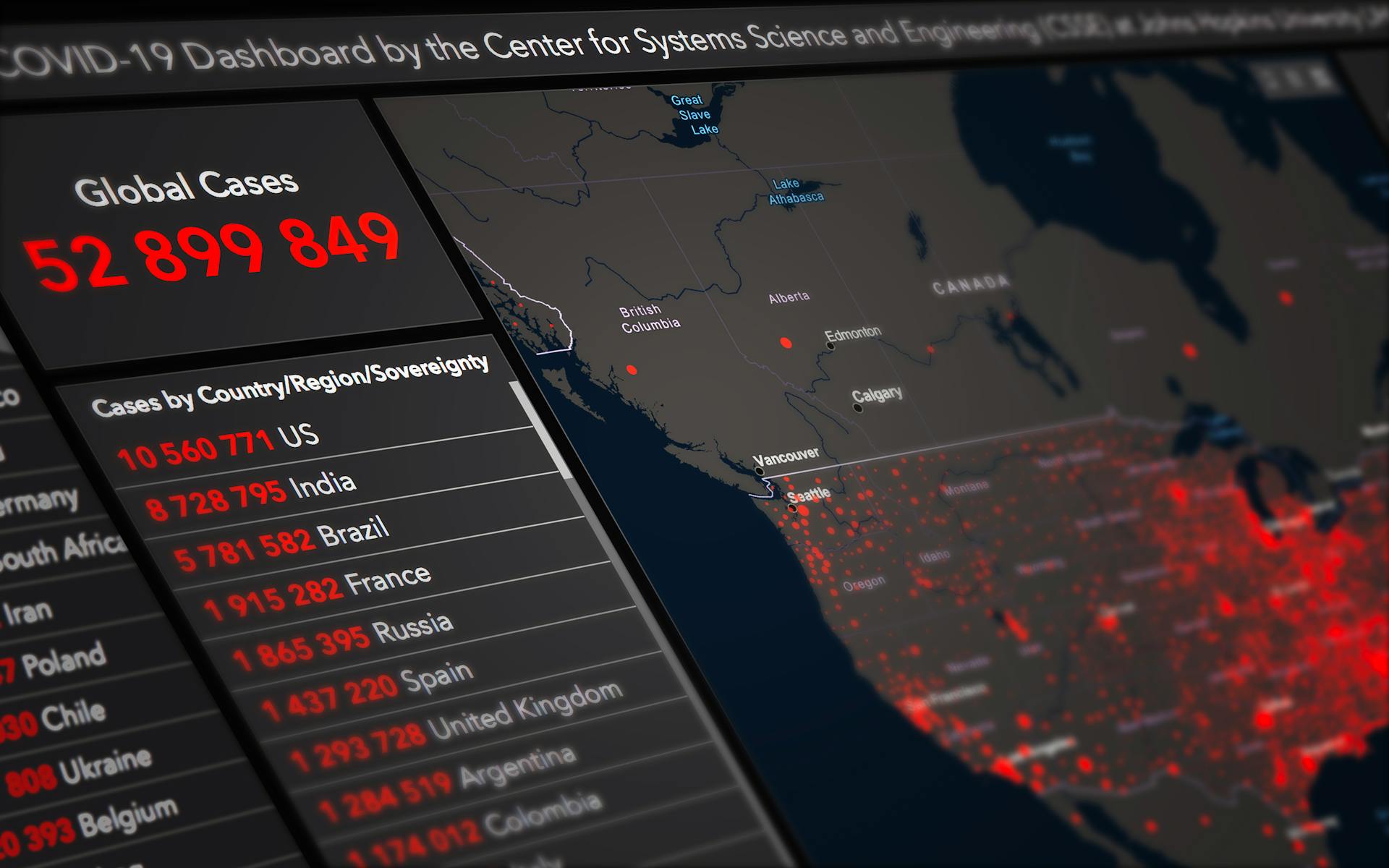 Digital monitor with World map and COVID 19 statistical data of global confirmed cases