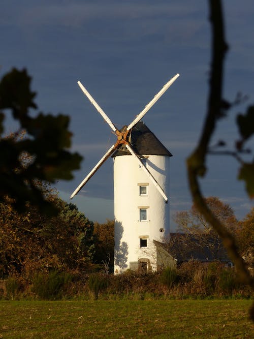 Aged white windmill on green grassy meadow