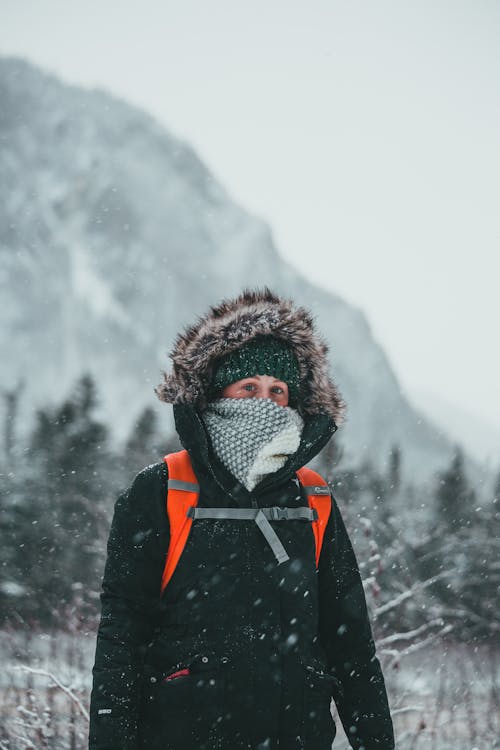 Young traveller in warm outerwear with backpack standing against coniferous forest and mountain covered with snow and looking at camera in winter time in daylight