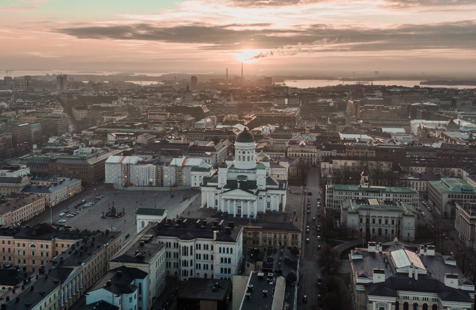 Helsinki aerial view harbour and cathedral at dusk