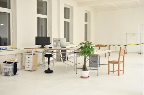 Free Modern workplace interior with computer monitors and potted plants in open space office building with striped tape at closed area Stock Photo