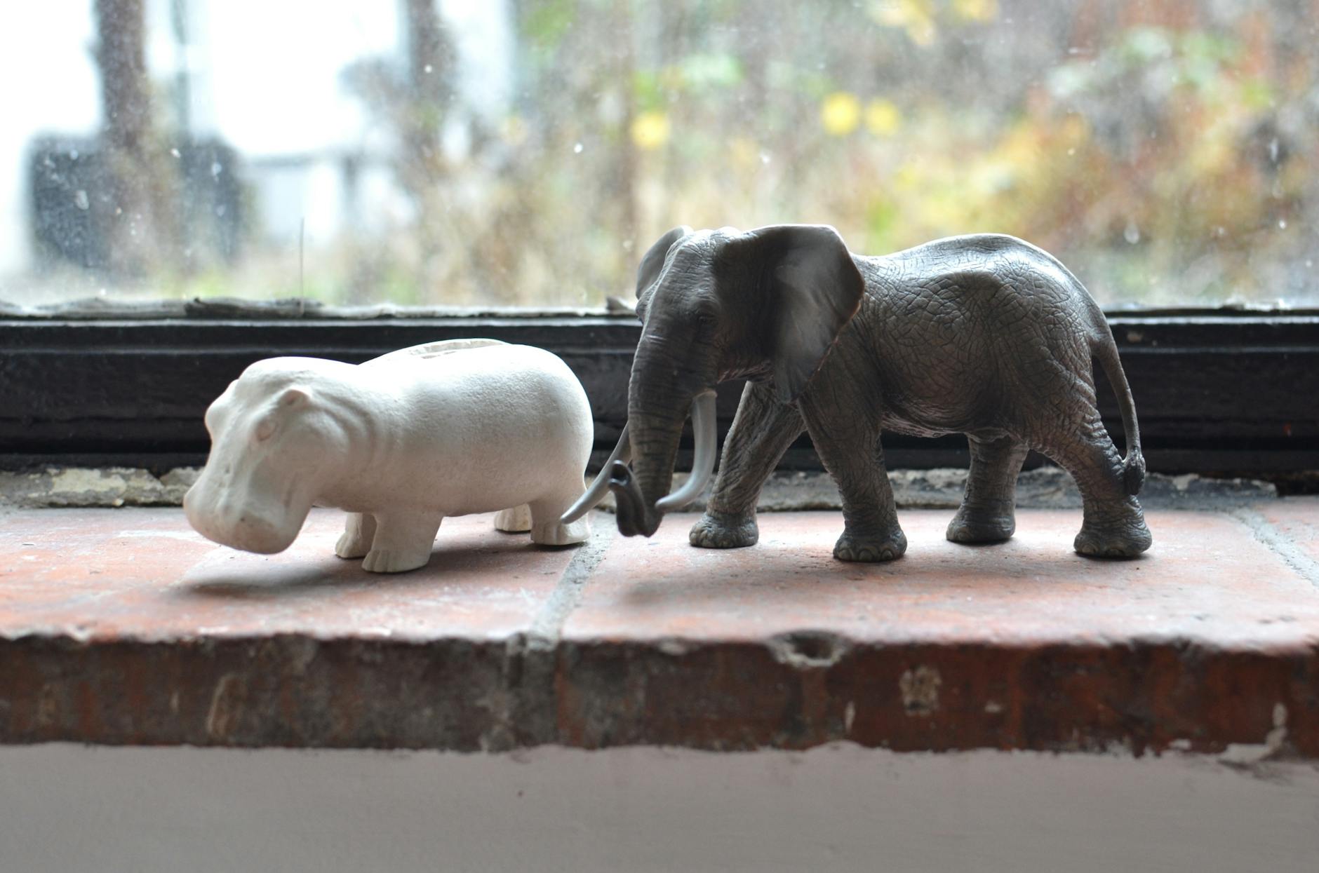 Statuette of elephant and hippopotamus on windowsill