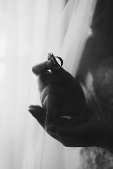 Black and white close-up of a hand holding a wedding ring behind a veil.