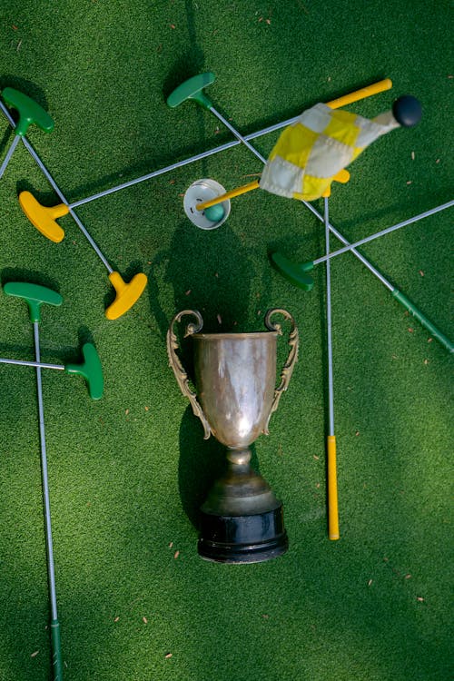 A Trophy and Putters on Green Grass 