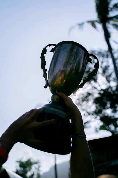 Free A person holds up a trophy outdoors with a clear sky, celebrating success. Stock Photo