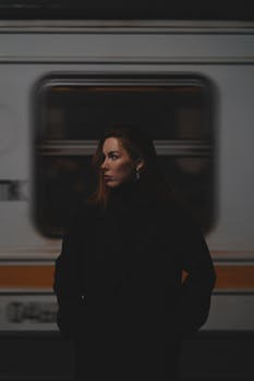 A woman posing in a night railway station against a moving train backdrop.