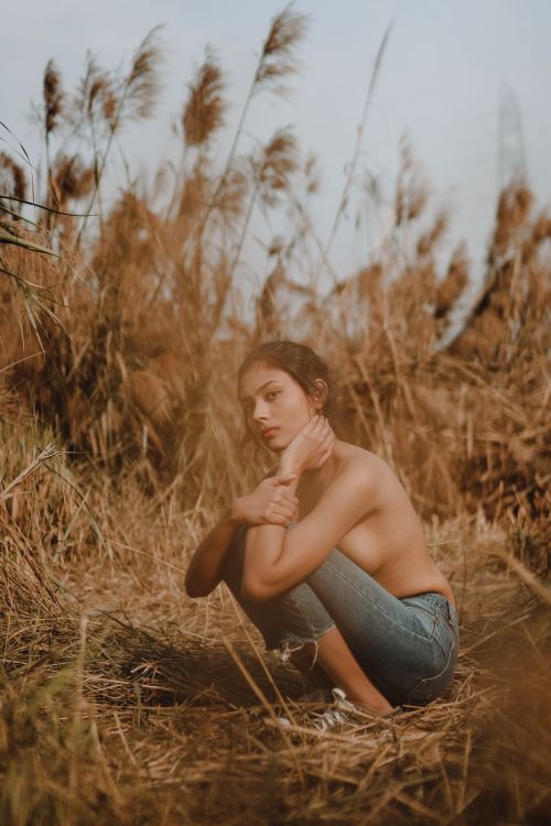 Free Full length side view of confident topless ethnic young female in jeans sitting on field with dry grass and plants with hands on neck in nature and looking at camera Stock Photo