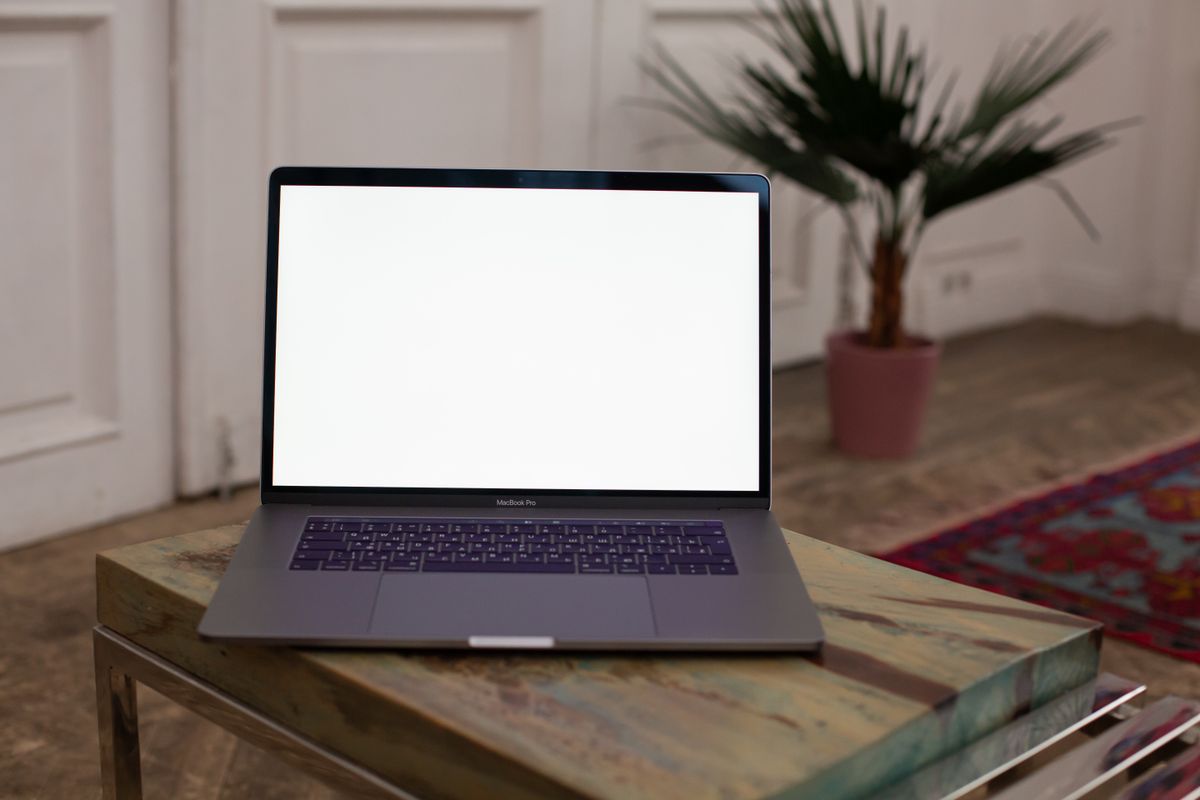 Laptop with blank screen on a table in a modern living room with a plant