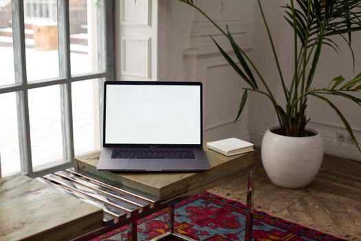 A minimalist indoor scene features a laptop, book, and potted plant on a wooden table by a window.