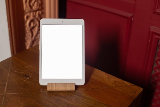 A tablet with a blank screen on a wooden stand against an ornate background, ideal for mockups.