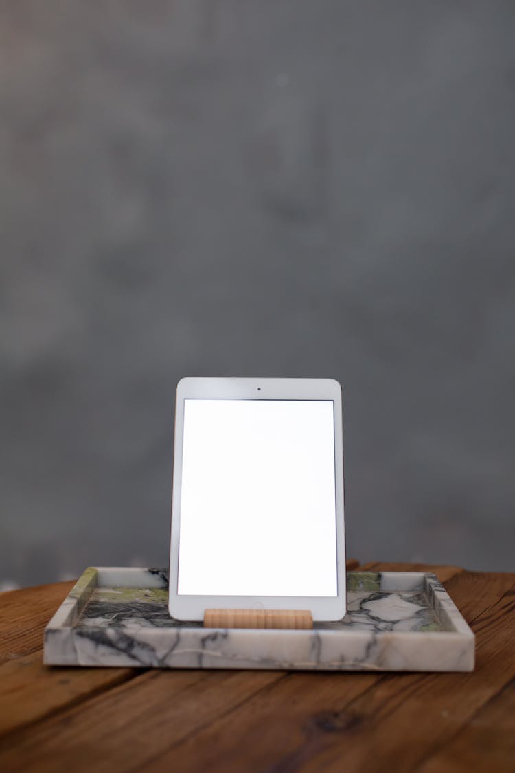 Tablet With Mockup Blank Screen On Marble Tray