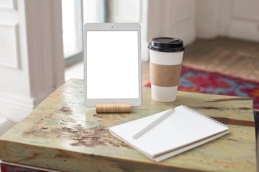 A cozy workspace featuring a tablet, coffee cup, and notepad on a rustic table.