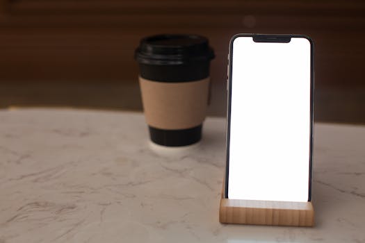 Smartphone with blank screen on marble surface beside a takeaway coffee cup, perfect for mockups.