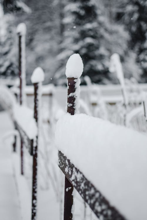 A Snow Covered Steel Fence on a Snowy Weather