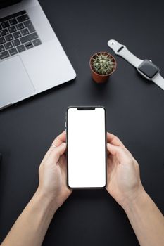 Hands holding a smartphone with a blank screen, surrounded by laptop, cactus, and smartwatch on desk.