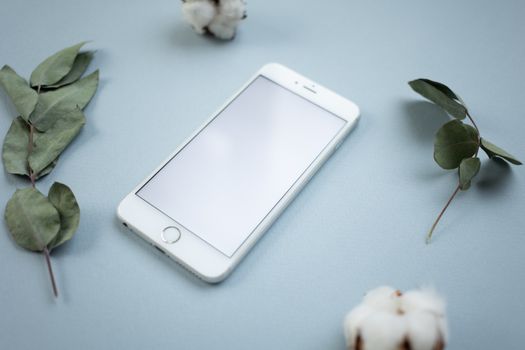 Minimalist smartphone mockup surrounded by green leaves on a light blue surface, perfect for design presentations.