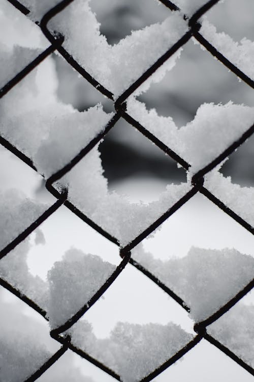 A Snow Covered Chain Link Fence with Snow in Close-Up Photography