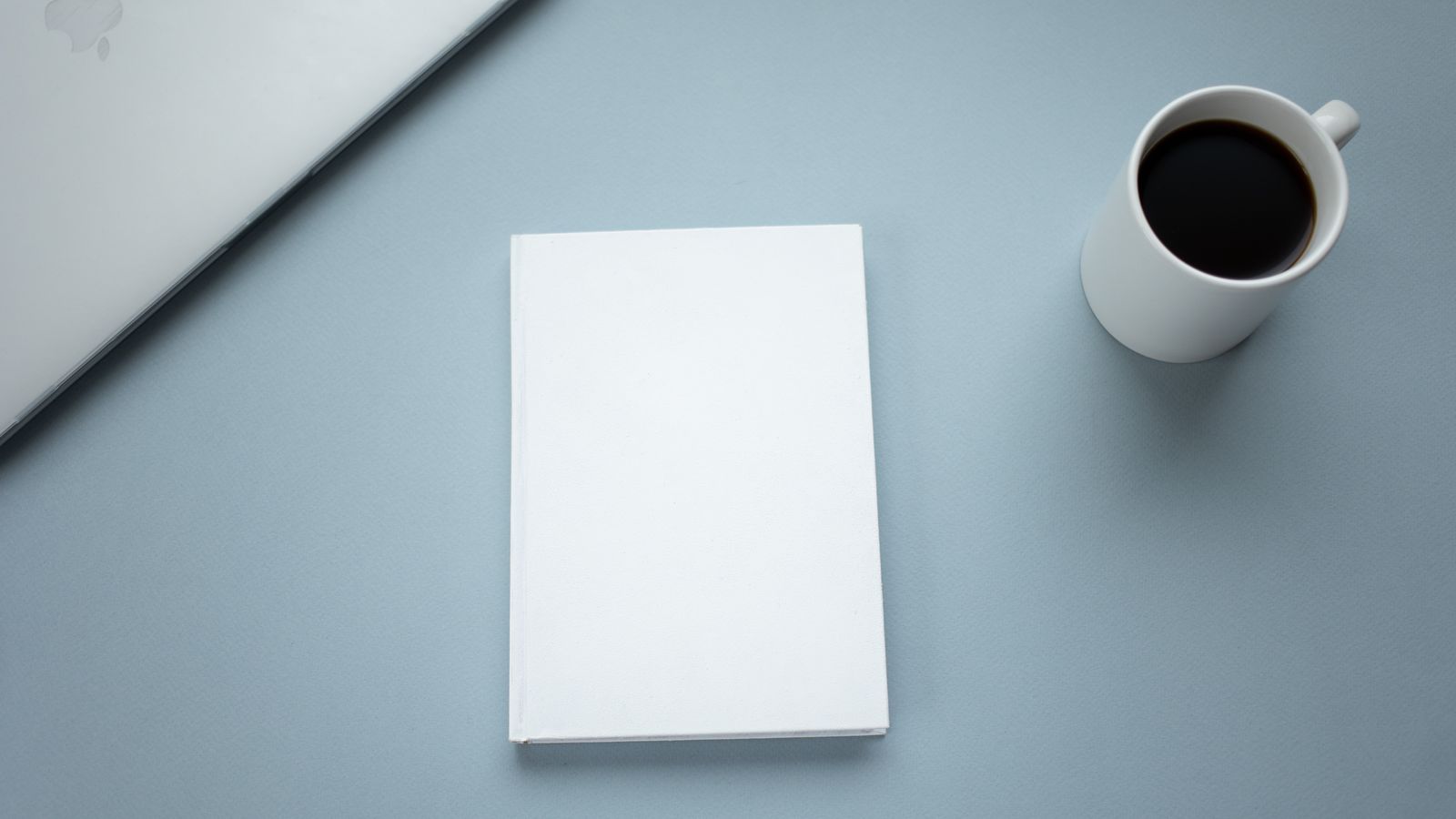 Closed laptop, blank notebook and coffee mug on a light table