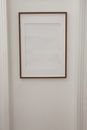 White minimal empty frame hanging on wall of contemporary flat with simple walls
