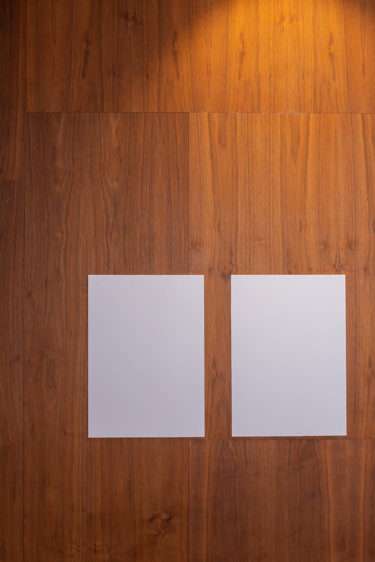 Blank White Posters Hanging On Wooden Wall