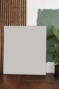 Interior of light room with white board on floor near green potted plant and painting