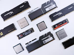 Studio Shot of Various Modern RAM Sticks and CPUs