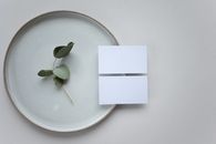 Top view of white mock up name tags with copy space on round plate with green plant on white background