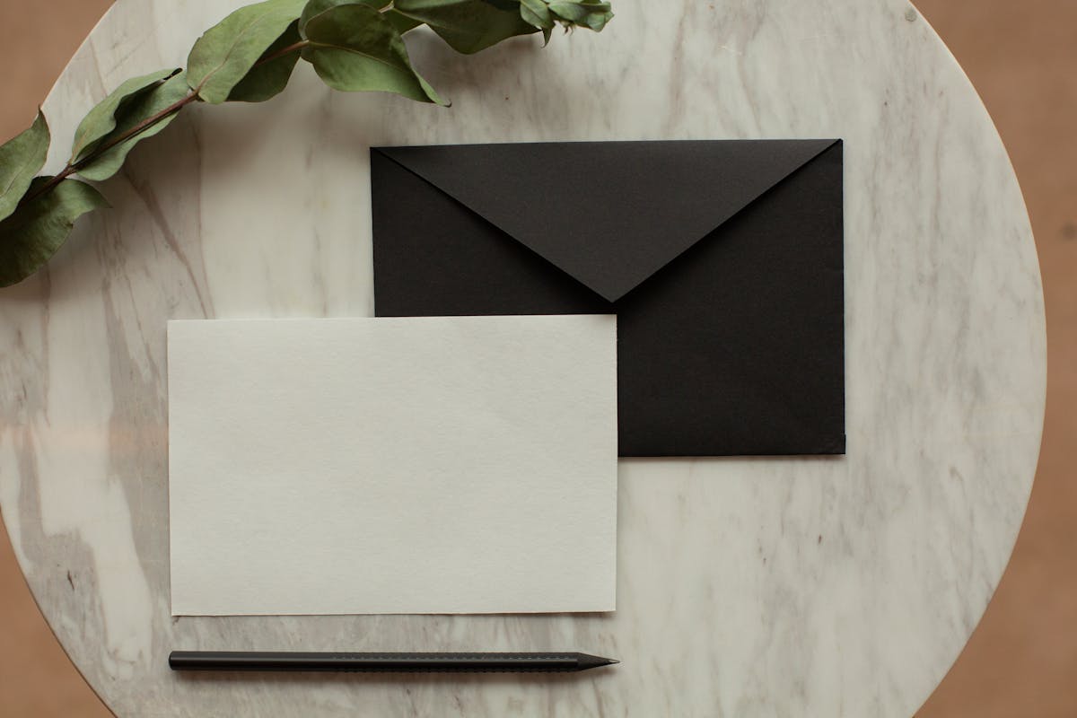 Top view of blank black envelope with white card placed on table with pencil and dry green sprig in modern room