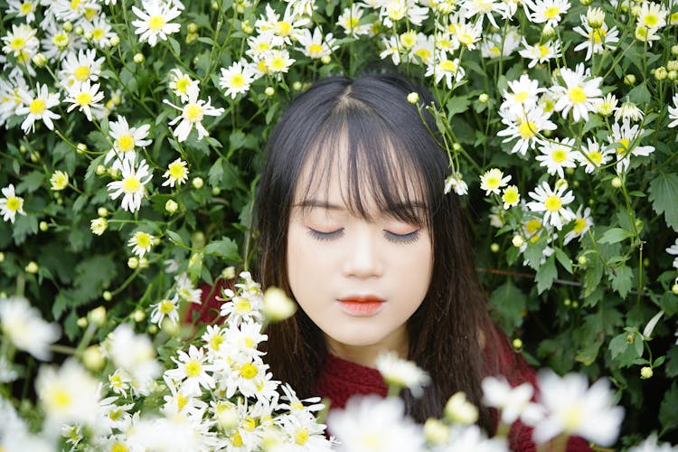 Mindful Asian Teen With False Eyelashes Among Blooming Chamomiles