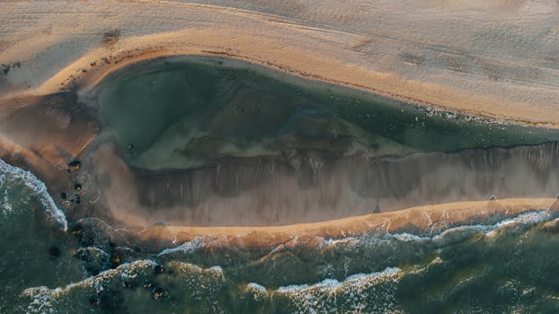 A stunning aerial view of the sandy seashore at Palanga, Lithuania, showcasing natural beauty.