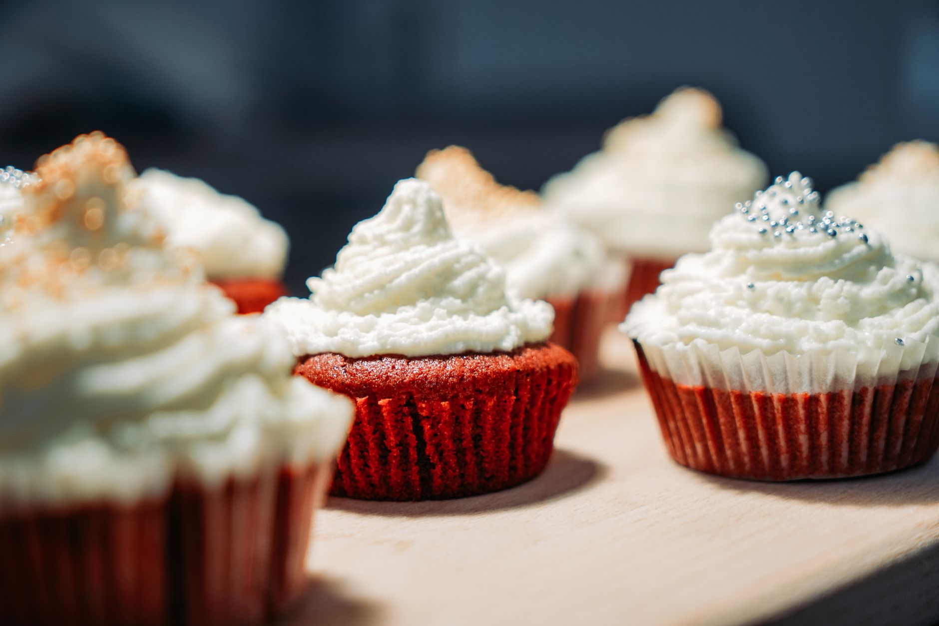 Tray of freshly baked red velvet cupcakes