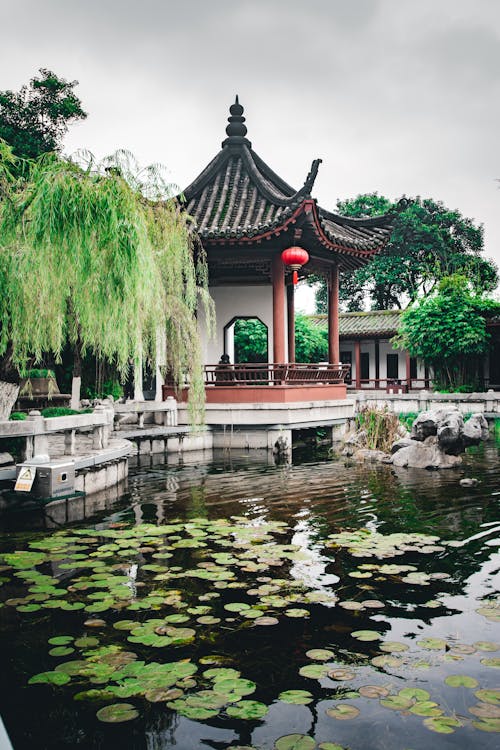 Exterior of oriental temple located near green trees and calm pond with water lilies in cloudy day