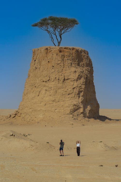 Anonymous distant male and female travelers standing on sandy terrain near rough formation with tree on peak during trip in desert against cloudless blue sky