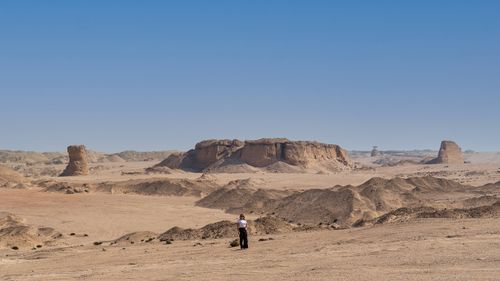 Free Anonymous female tourist standing alone on dry sandy terrain near picturesque limestone cliffs and during trip in desert on sunny day Stock Photo