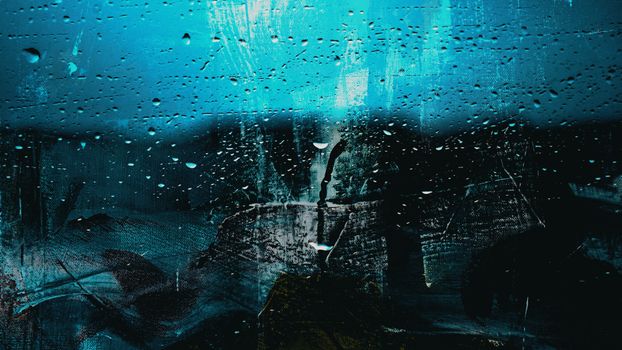 Artistic shot of raindrops on a window with blue abstract streaks and textures.