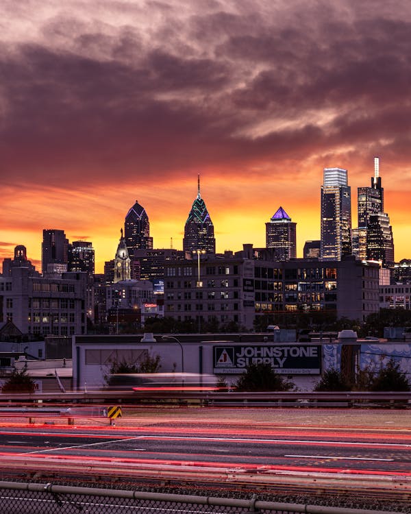 City Buildings of Philadelphia, Pennsylvania Illuminated During Sunset