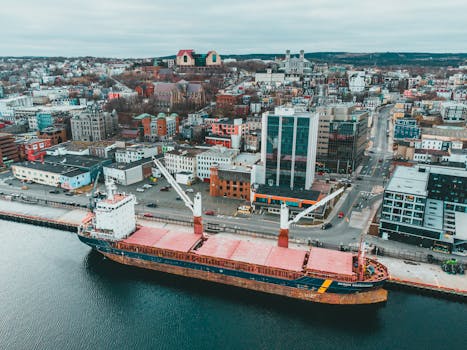 Aerial view of a busy harbor with a cargo ship and urban cityscape under cloudy skies.