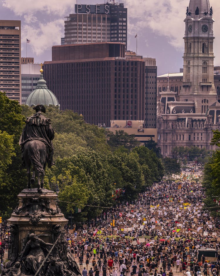 Aerial Shot Of A Crowd Protesting On The Street