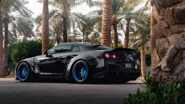 Stylish black supercar parked amidst palm trees, showcasing luxury and elegance in a sunny outdoor setting.