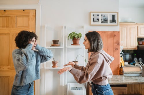 Free Side view of African American woman with closed eyes quarreling with female wile standing in light room near kitchen at home Stock Photo