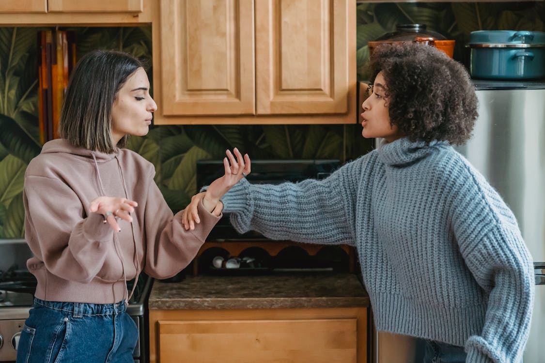 Free Irritated diverse women scolding in kitchen Stock Photo