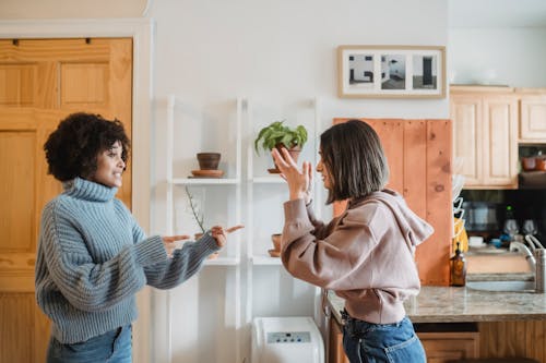 Irritated multiracial women fighting in apartment