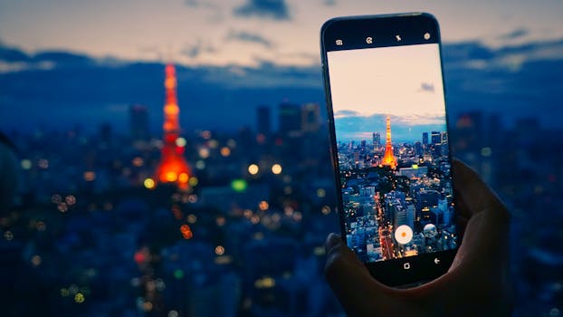 Night view of Tokyo Tower photographed through a smartphone, showcasing city lights and skyline.