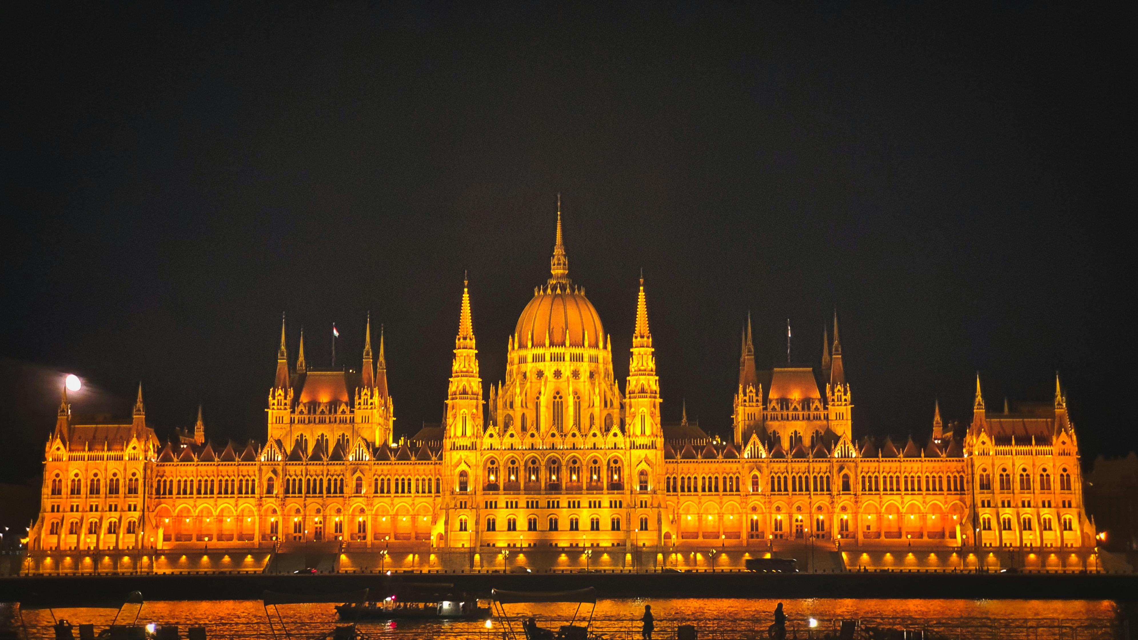 Illuminated Hungarian Parliament Building at night in Budapest.