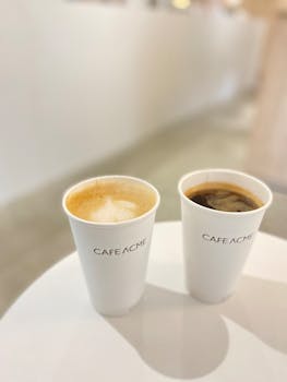 Two paper coffee cups from Cafe ACME on a white table creating a minimalist vibe.
