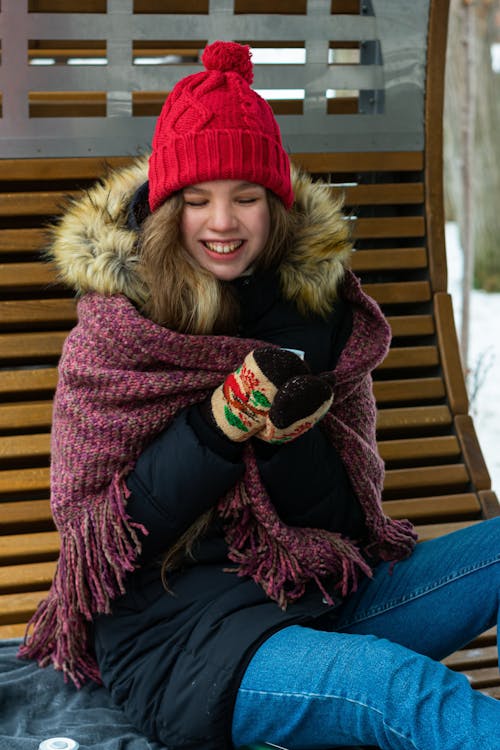 Woman Wearing Winter Jacket Sitting Wooden Bench